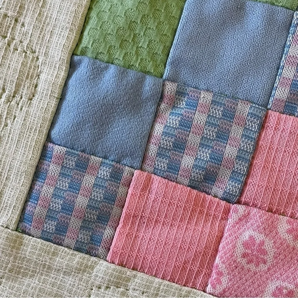 Pastel Baby Quilt Handmade Patchwork Satin Edge Crib Blanket Easter Pink Green